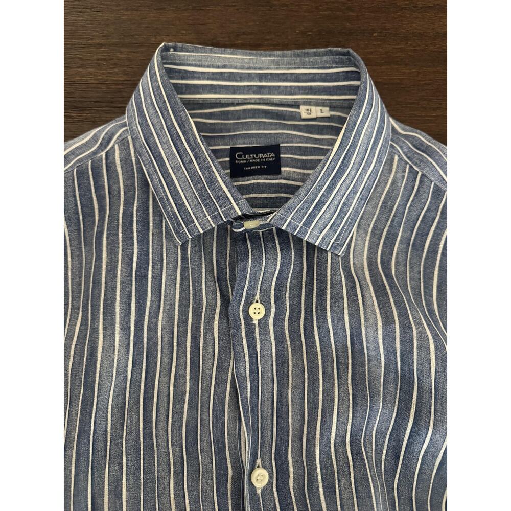 100% Linen Shirt Mens Large Blue Stripe  Tailored Fit Summer Italy Culturata